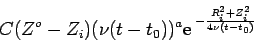 \begin{displaymath}
C (Z^o-Z_i) (\nu (t-t_0))^a {\rm e}\,^{-\frac{R_i^2 + Z_i^2}{4\nu (t-t_0)}}
\end{displaymath}